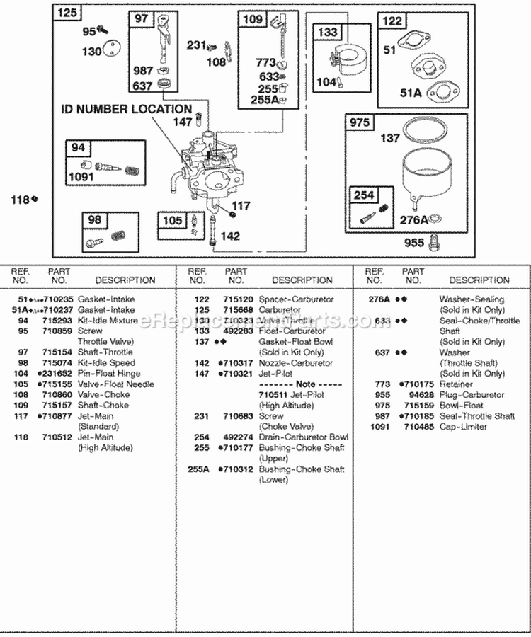 Carburetor Diagram and Parts List for 187432-0110-E1  Briggs and Stratton Engine